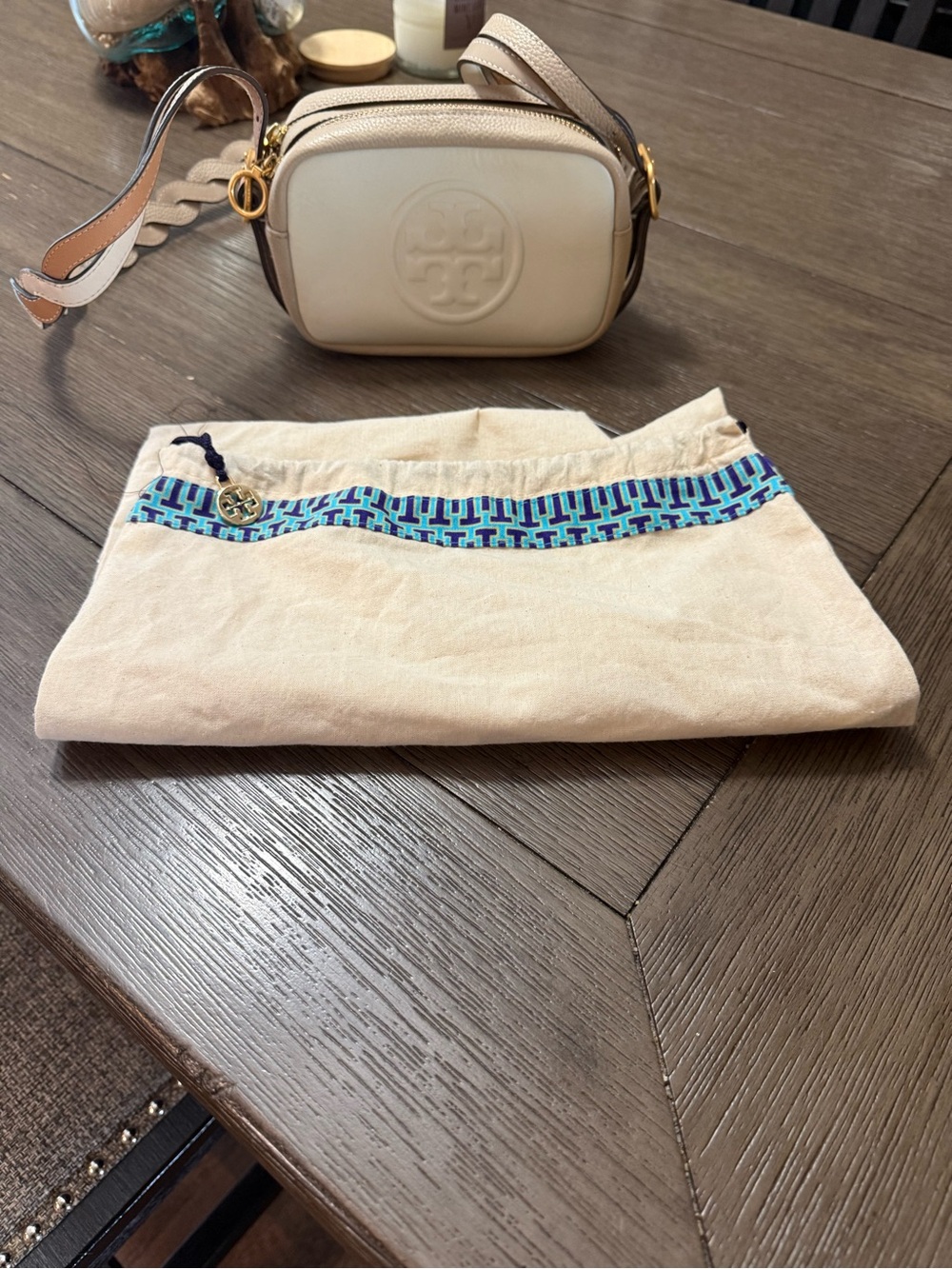 Tory Burch Cream Leather Crossbody Camera Bag with Brown Trim